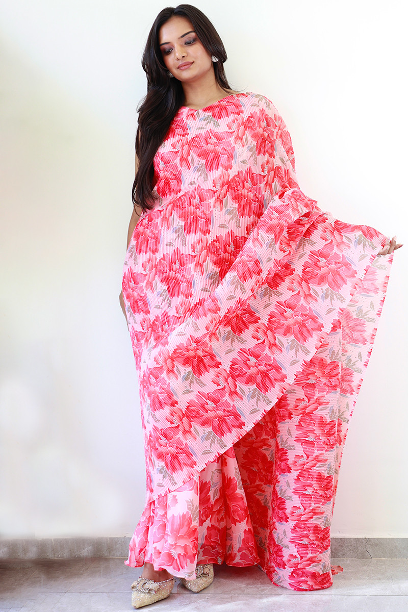 Pale Pink Georgette Floral Printed Gown Style Readymade Saree