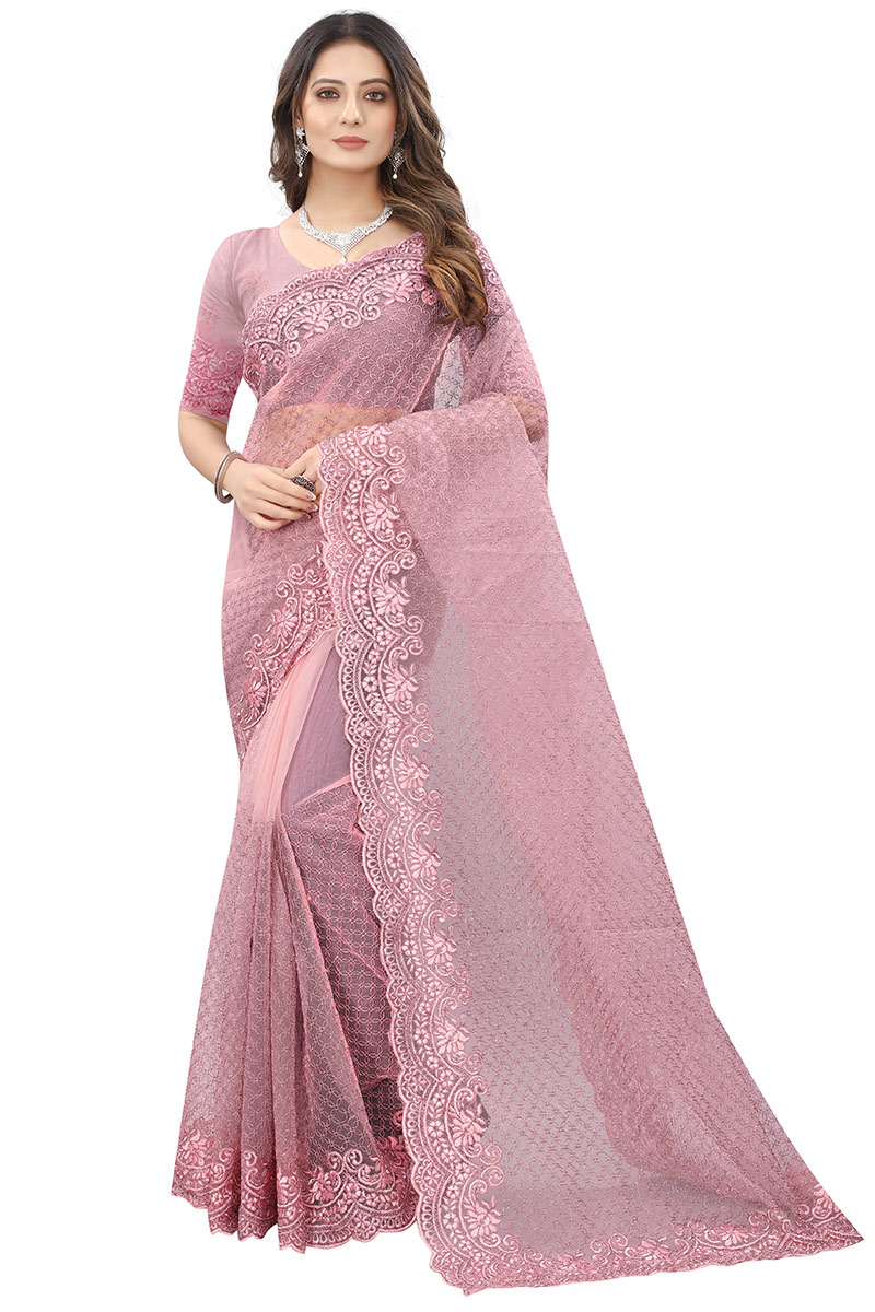 Saree in Net Pale Pink with Resham Embroidery for Party 