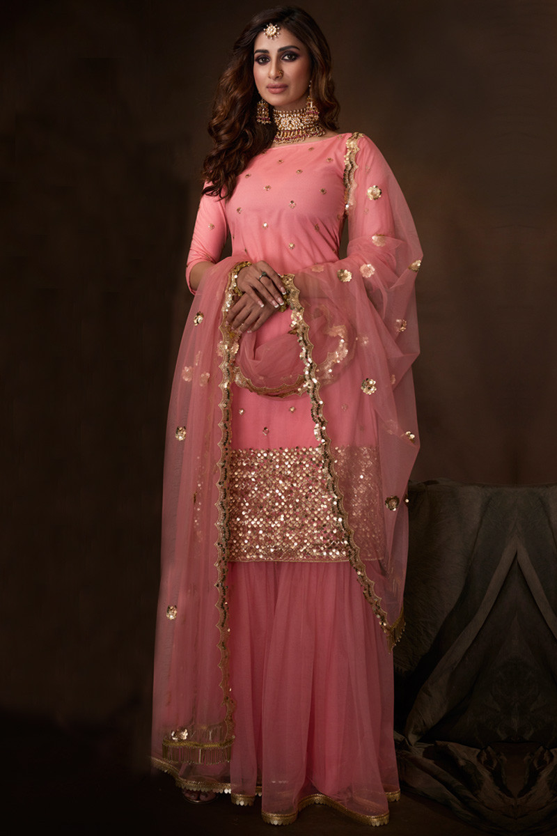 Embroidered Net Sharara Suit in Peach - Ucchal Fashion