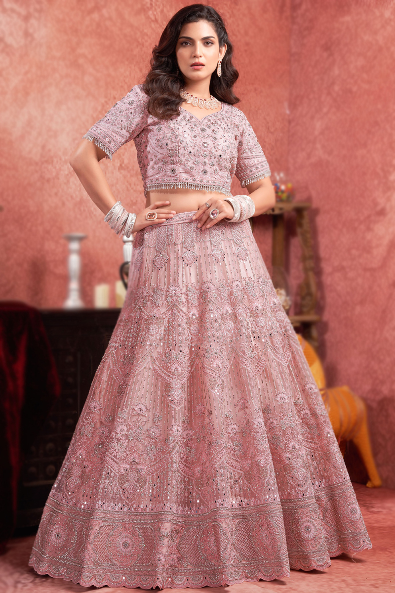 Pale Pink Net Sequins Embroidered Panelled Lehenga 