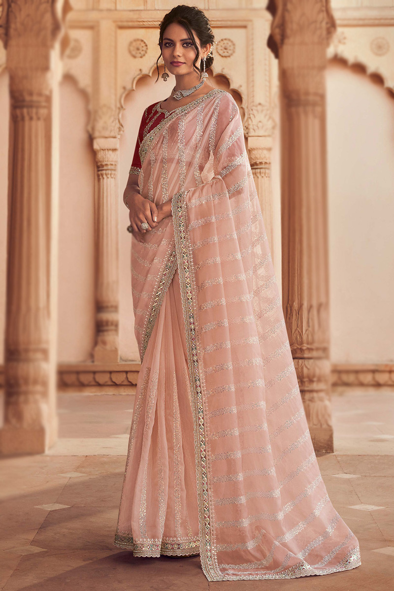Pale Pink Organza Embroidered Saree