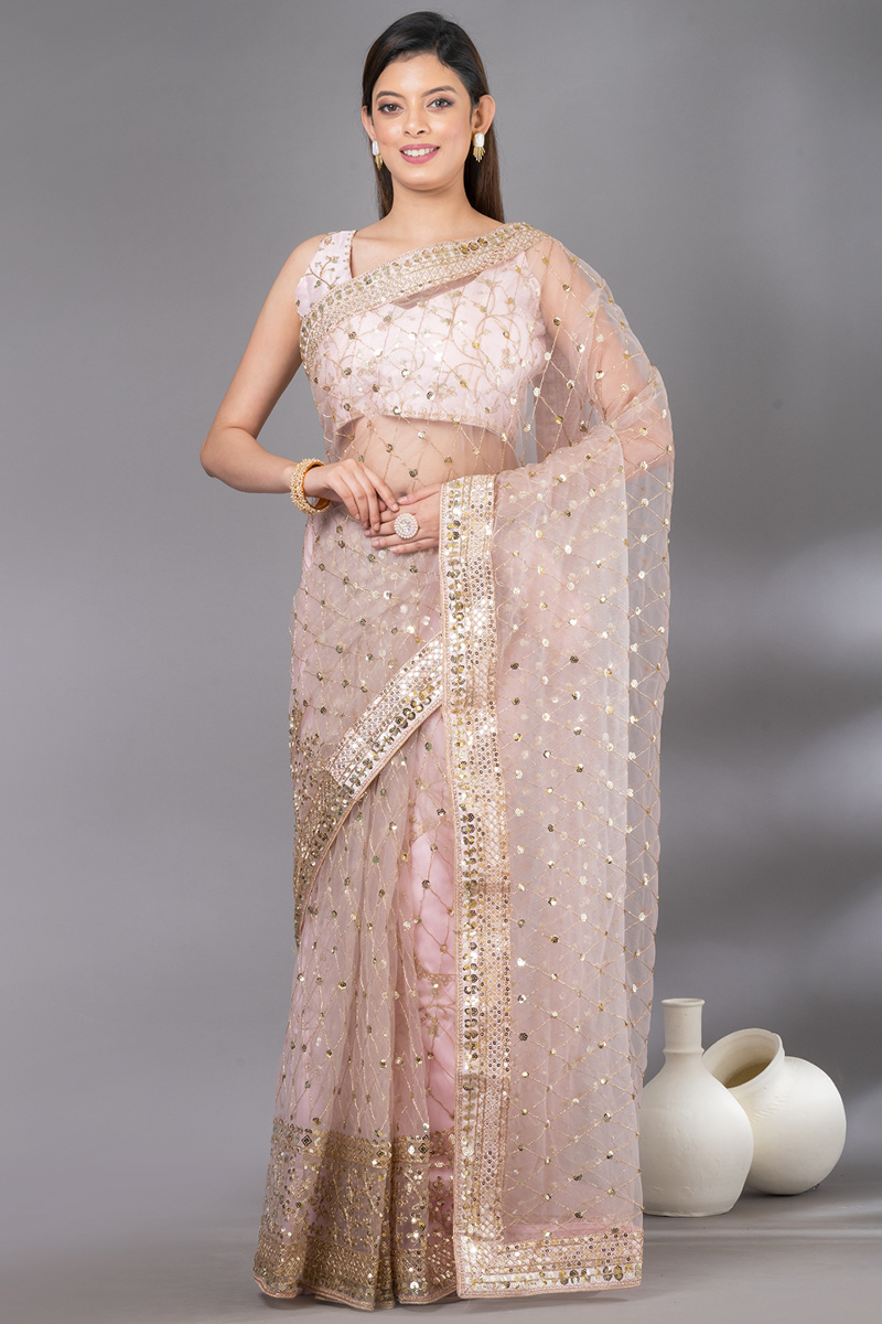 Pale Pink Sequins Embroidered Party Wear Net Saree 