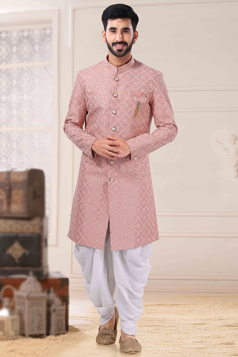 Resham Work Embroidered Pale Pink Men Sherwani MSTV02007