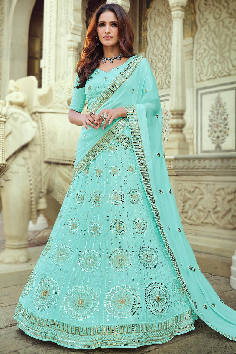 Pale Turquoise Blue Georgette Party Wear Lehenga With Sequins Work