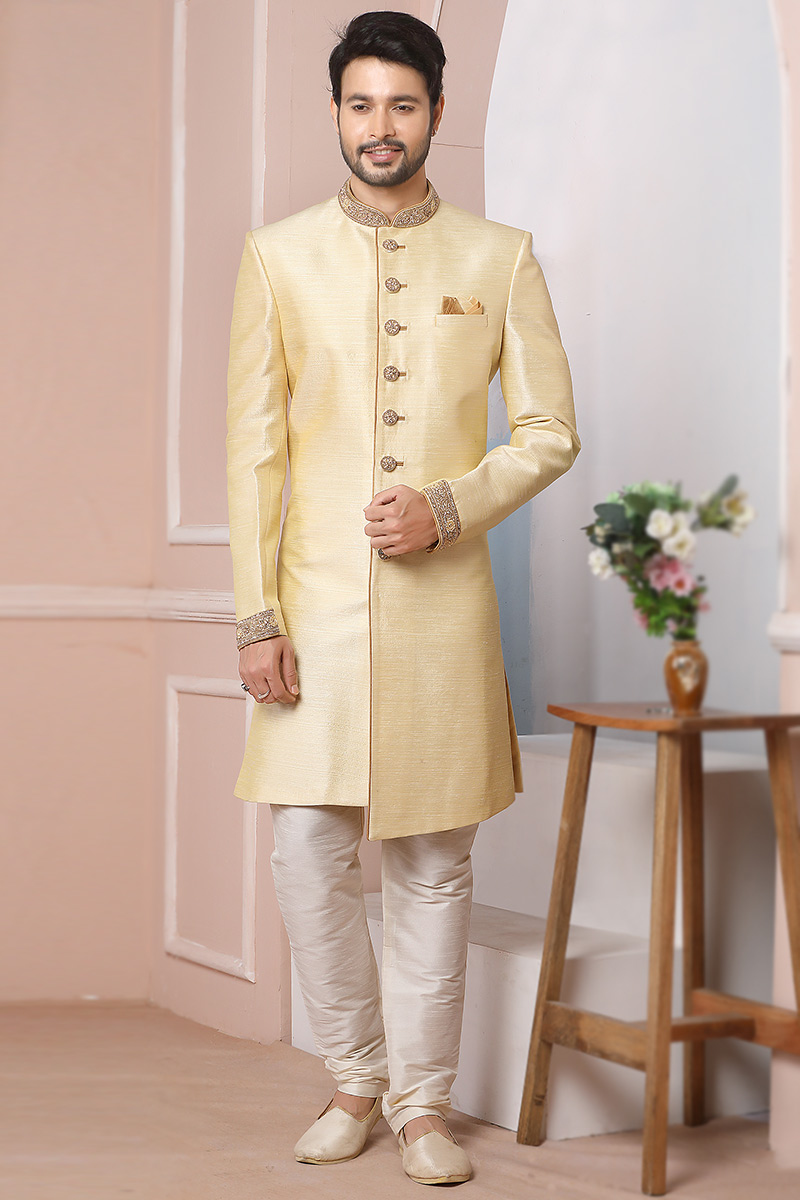 Pale Yellow Banarasi Silk Embroidered Men's Churidar Sherwani
