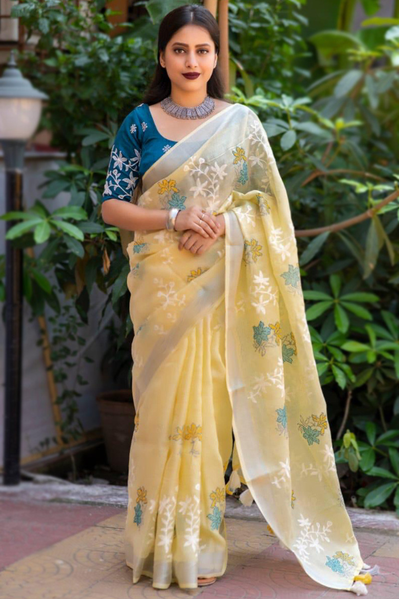 Light yellow casual wear cheap georgette saree