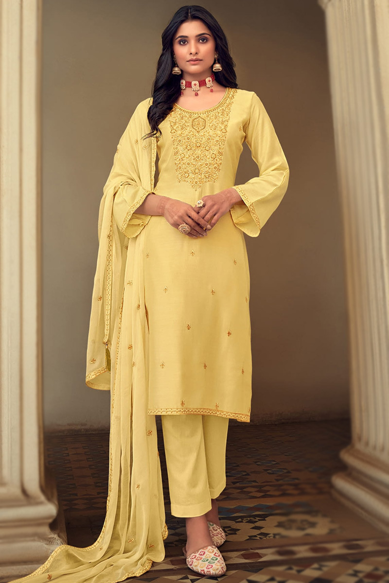 Embroidered Pale Yellow Trouser Suit LSTV116602