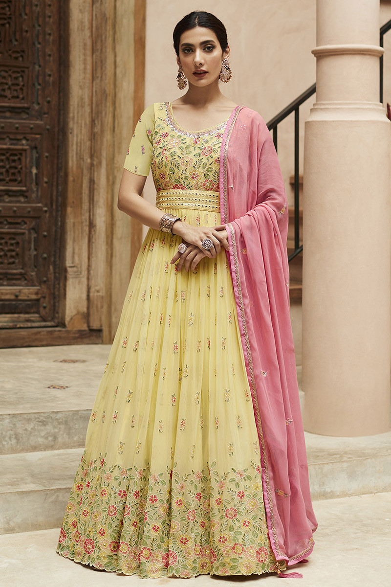 Buy Pale Yellow Georgette Anarkali Suit With Churidar For Sangeet LSTV123544