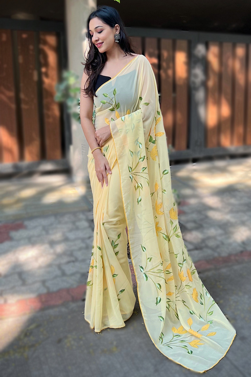 Light yellow casual clearance wear georgette saree