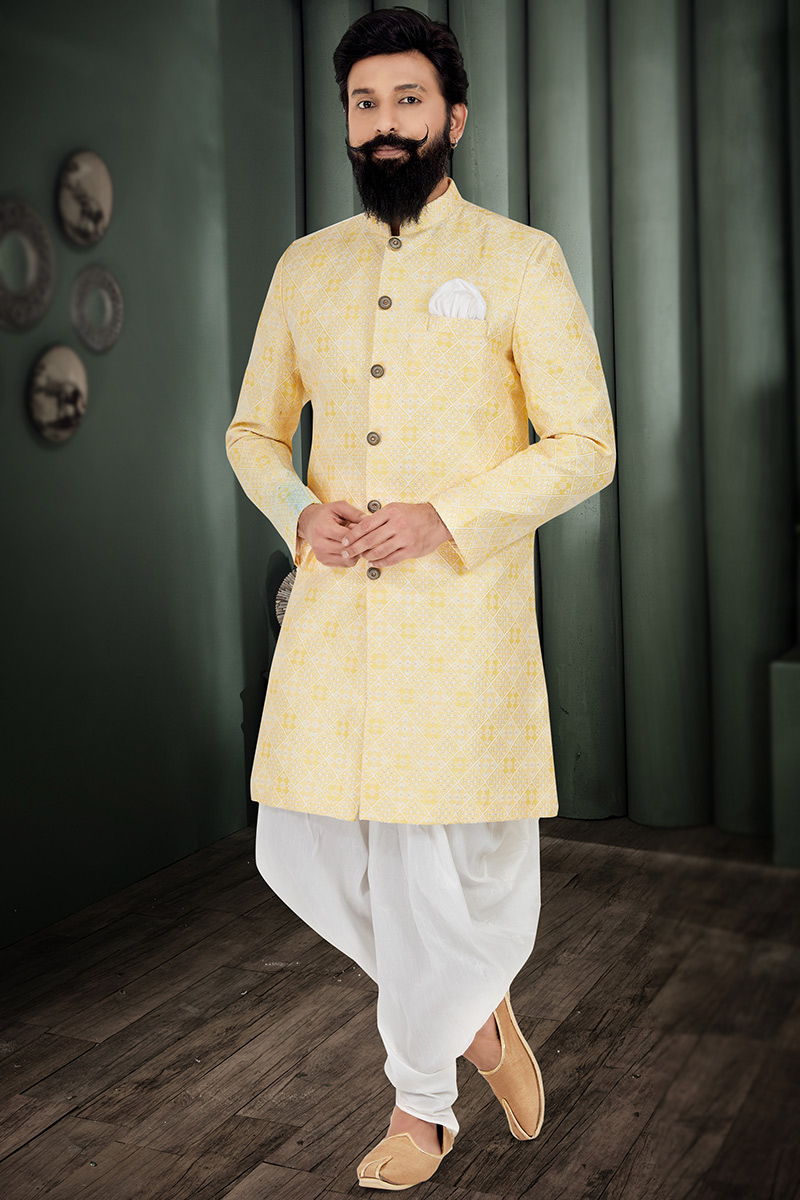 Pale Yellow Jacquard Embroidered Men's Sherwani