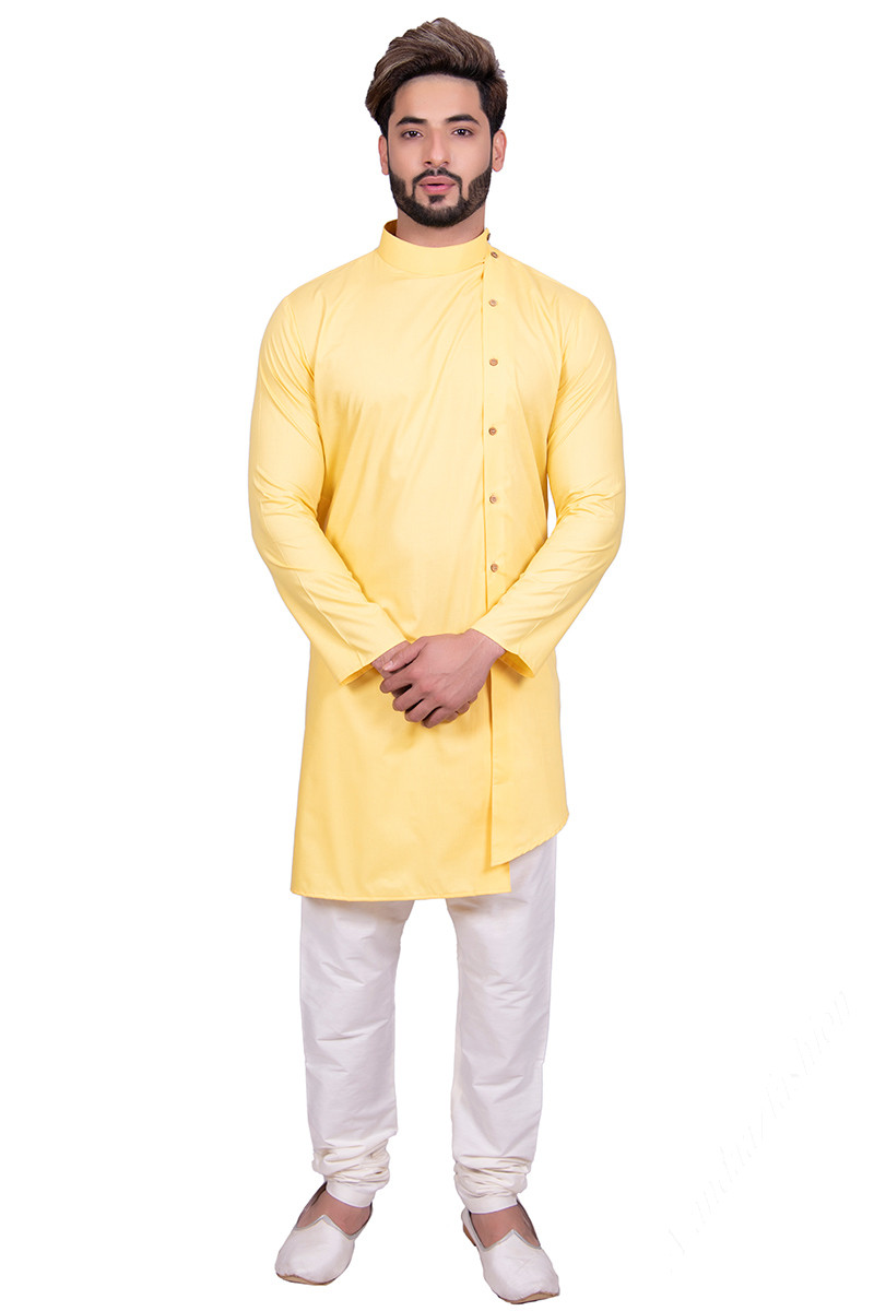 Buy Pale Yellow Khadi Silk Kurta Pajama For Men Online MKPV0063