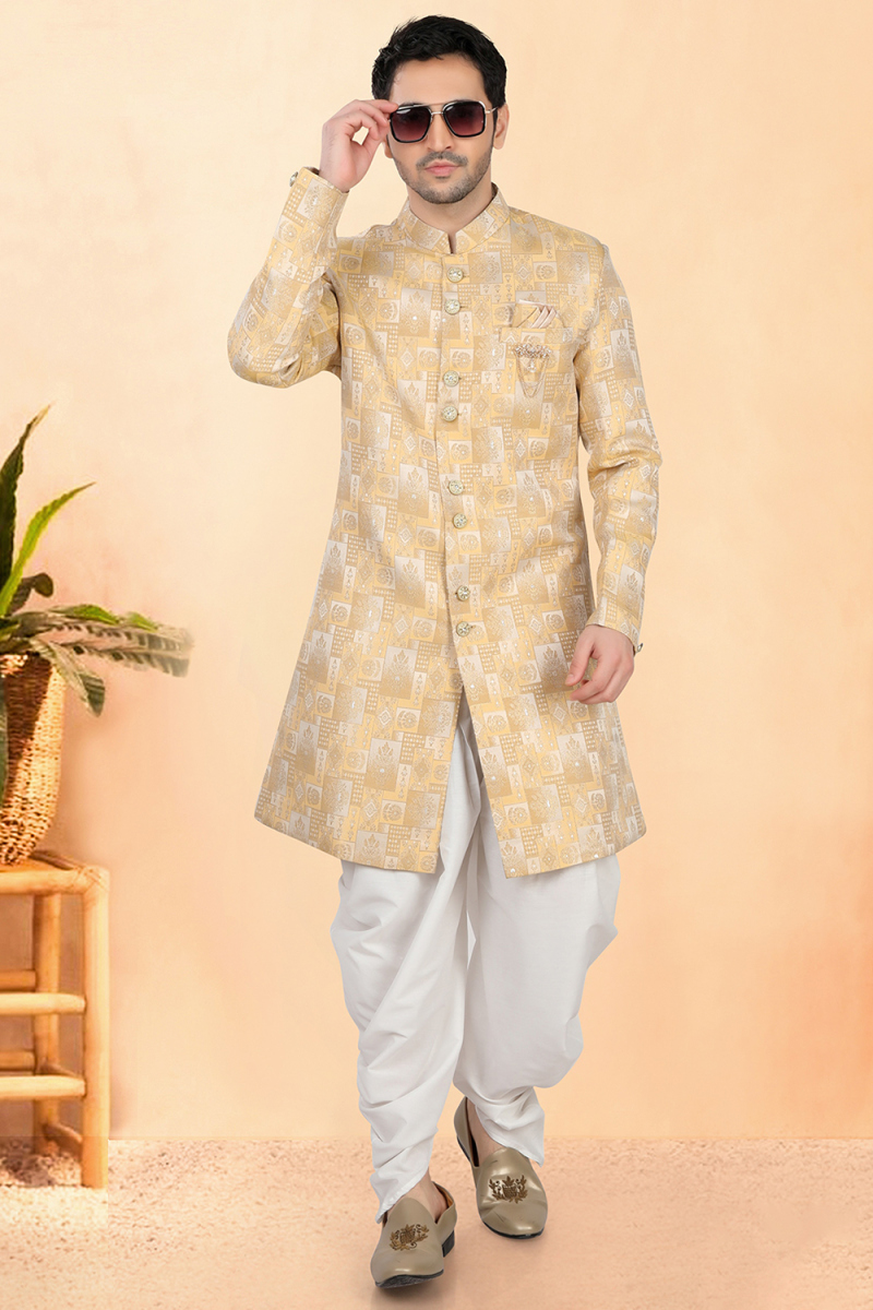 Pale Yellow Silk Men's Sherwani with Zari Work for Wedding