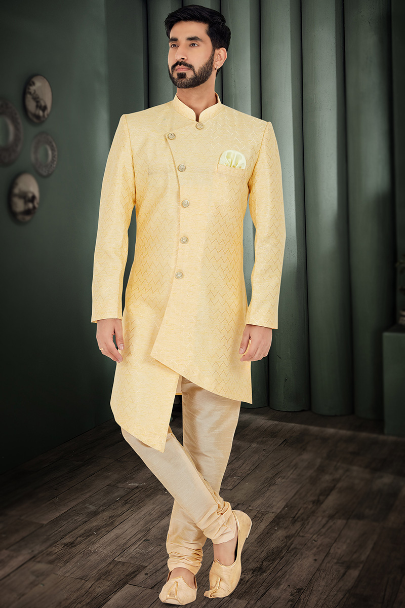 Pale Yellow Silk Straight Cut Men Sherwani