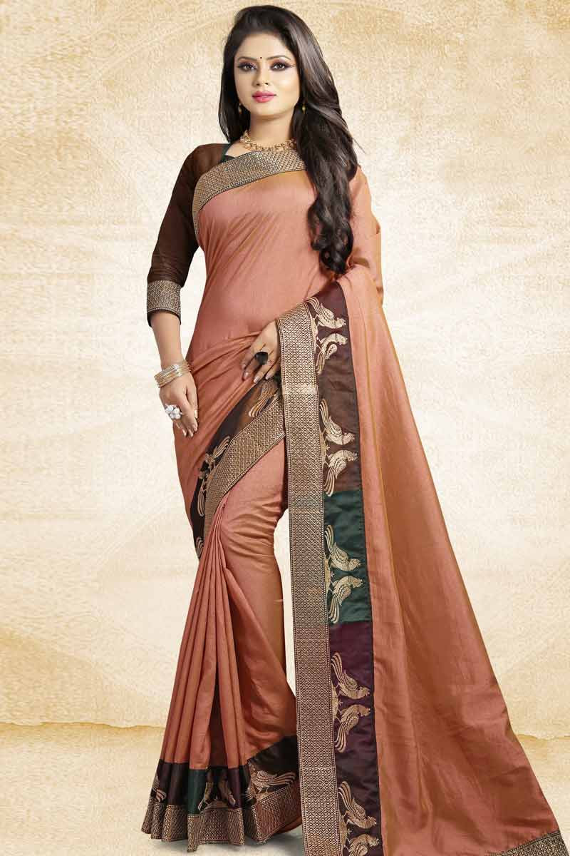 Stylee LIFESTYLE Brown Silk Striped Saree With Unstitched Blouse