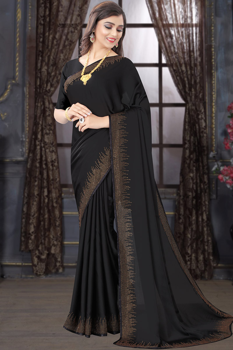 Sidhidata Women's Plain Georgette Saree With Unstitched Blouse Piece (Kiara  Advani Black_Black_Free Size) : Amazon.in: Fashion