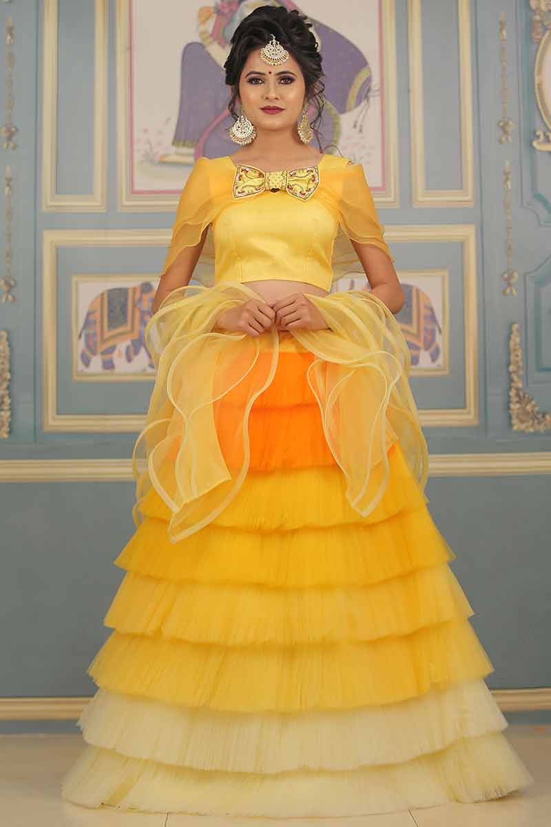 RE - Yellow Colored Georgette Frill Lehenga Choli - Party wear lehengas -  Lehengas - Indian