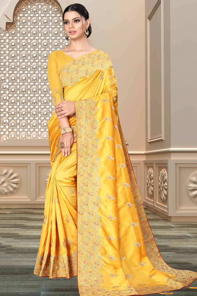 Saree for Party Wear in Silk Mustard Yellow with Zari embroidery