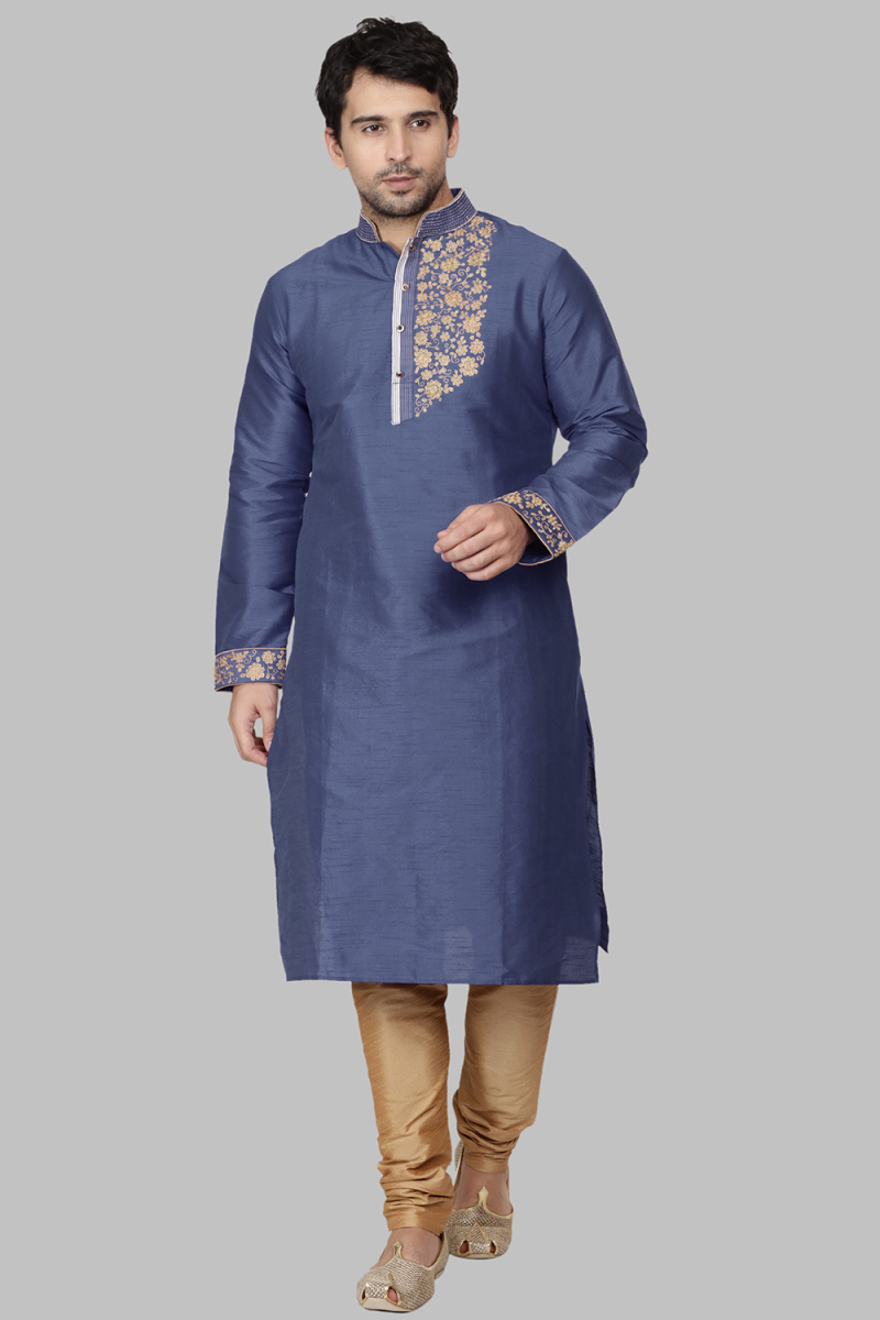 Pastel Dark Blue Dupion Silk Dori Embroidered Men's Kurta Churidar