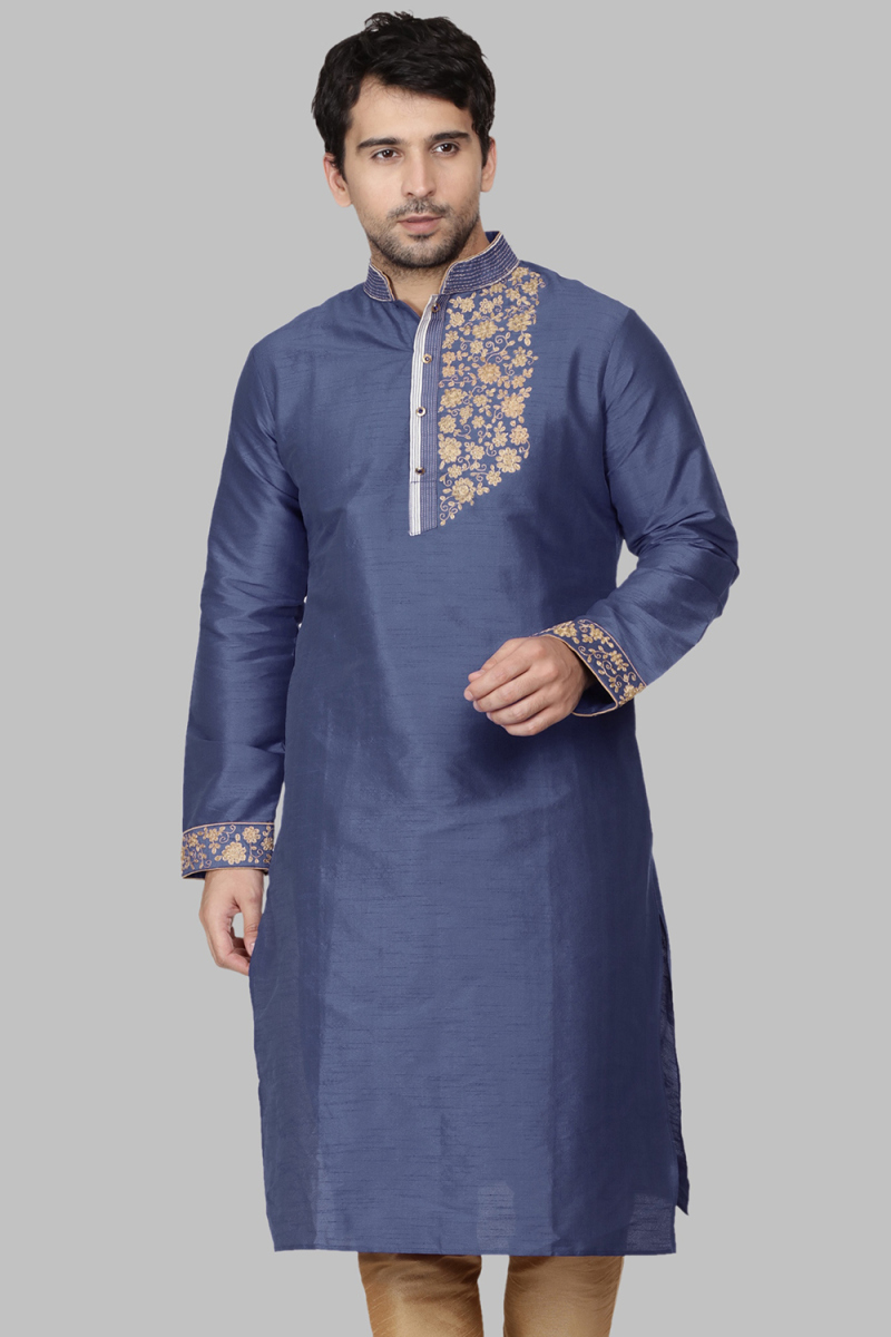 Pastel Dark Blue Dupion Silk Dori Embroidered Straight Cut Kurta