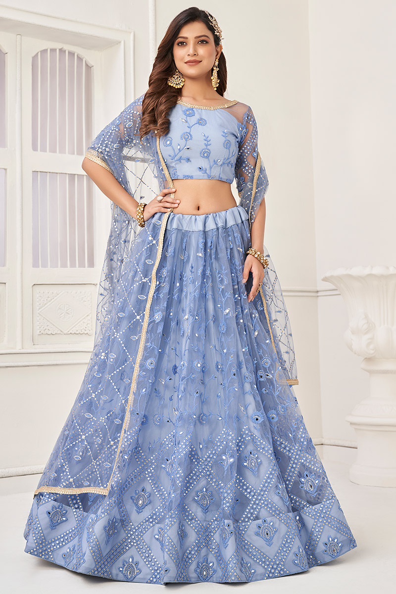 Pastel Dark Blue Mirror Embroidered Net Flared Style Lehenga