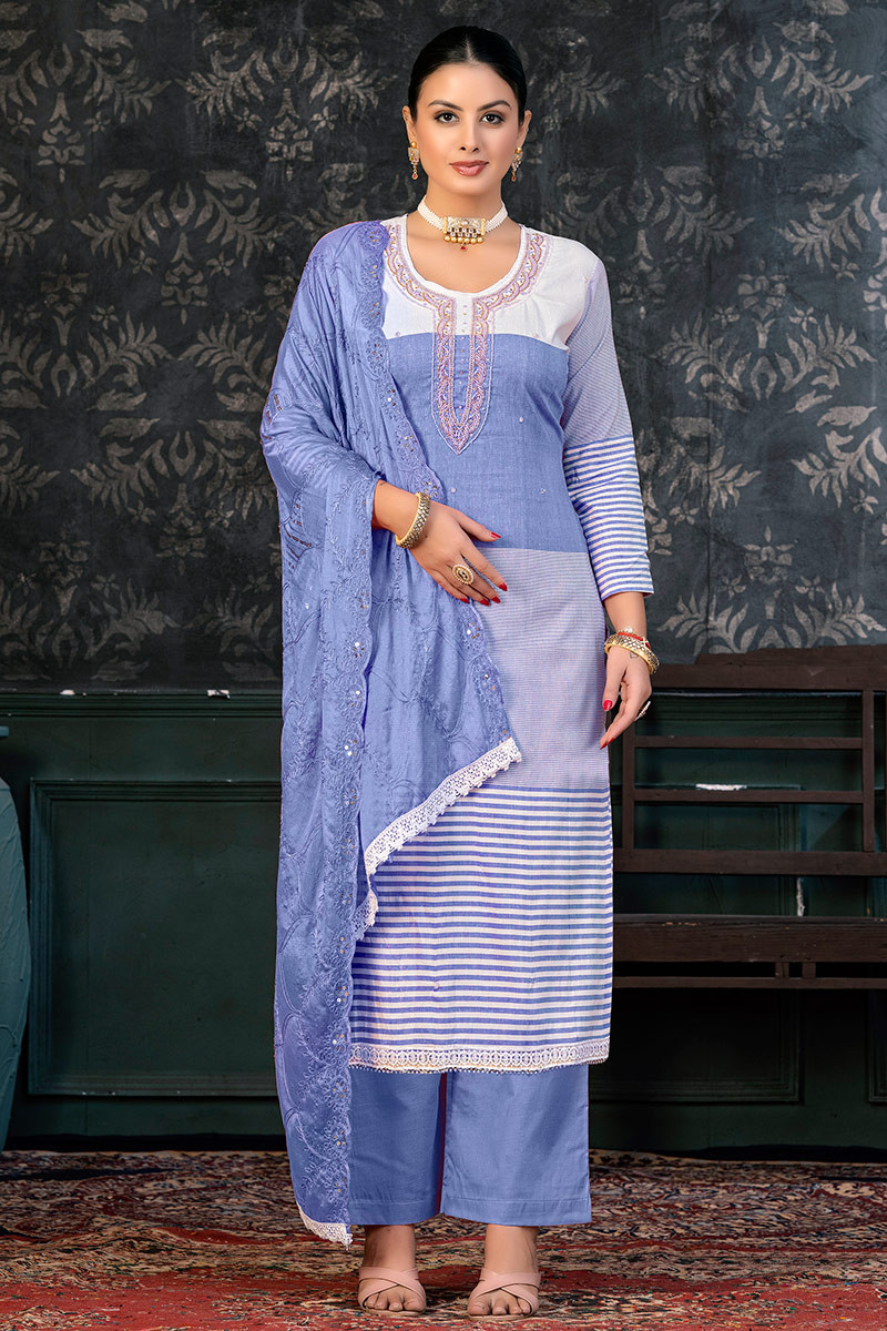 Pastel Dark Blue Printed Casual Wear Cotton Palazzo Suit LSTV125416