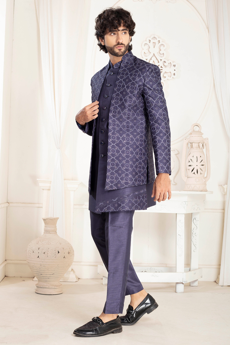 Pastel Dark Blue Silk Blend Weaved Thread Men's Sherwani For Wedding