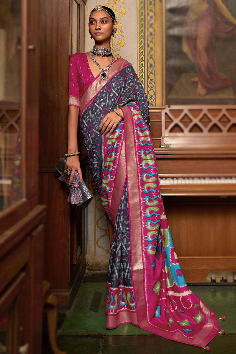Shop online Grey & Black Printed Saree with Designer Border Saree with  Blouse & Get Big Coupon Code Inside the page – Lady India