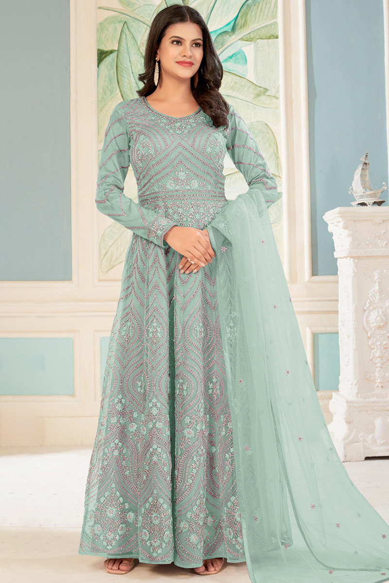 Pastel Mint Blue Embroidered Net A line Anarkali Suit