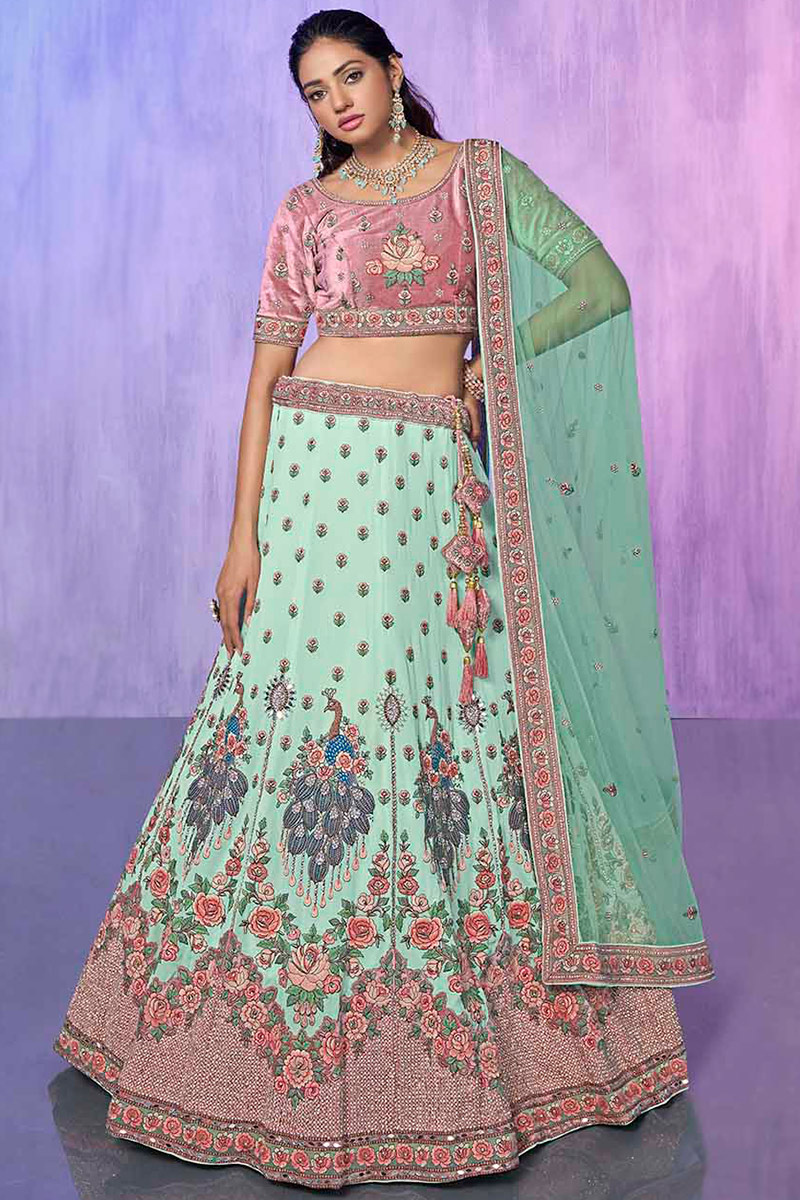 Pastel Mint Blue Georgette Embroidered Panelled Style Lehenga