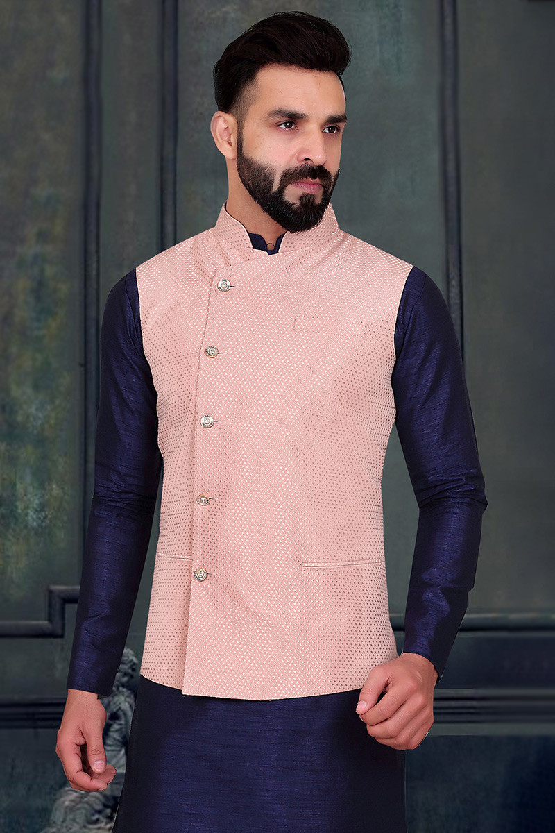 Buy Woven Zari Jacquard Pastel Pink Men s Waist Coat MWCV0114