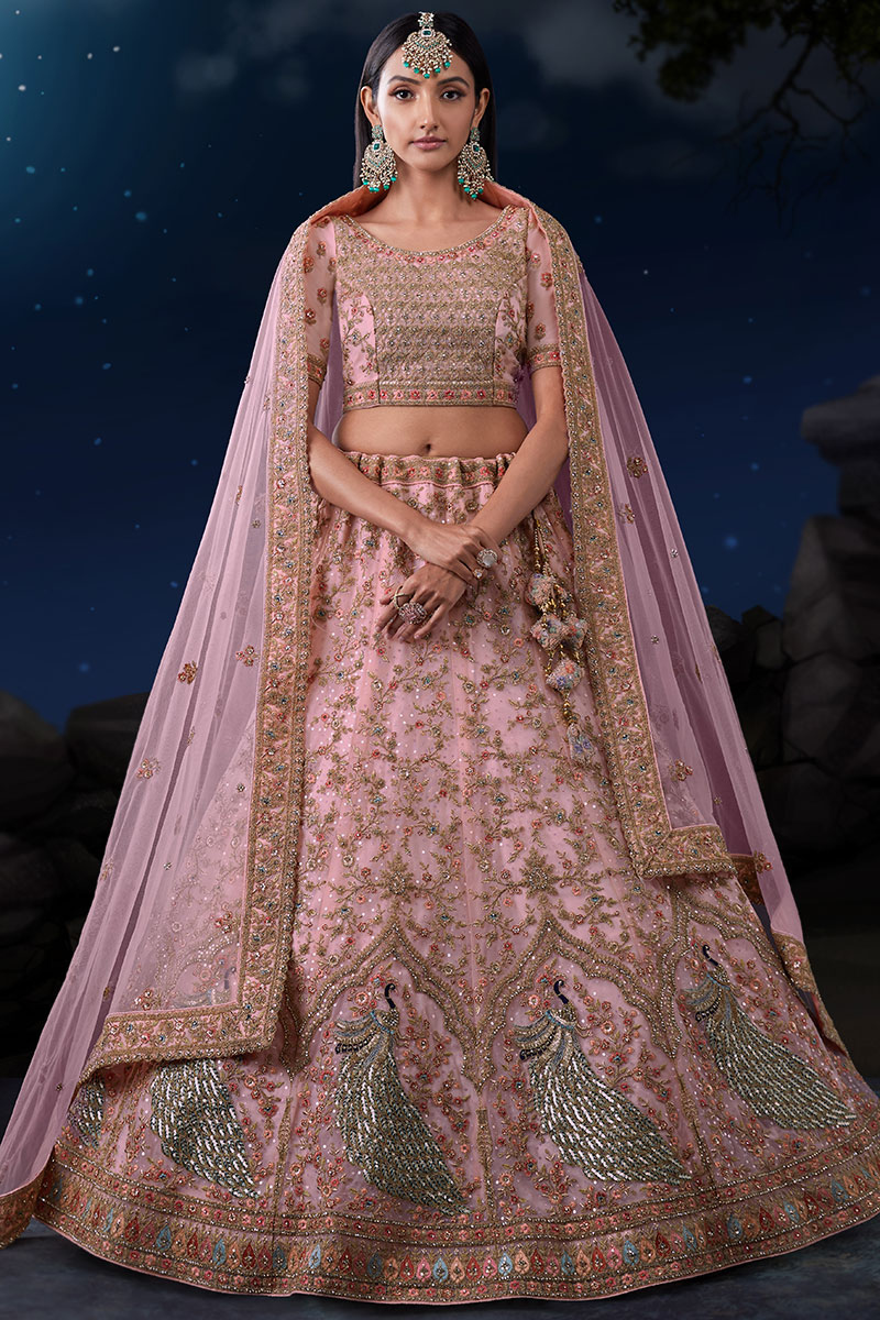 Pastel Pink Net Embroidered Wedding Wear Lehenga