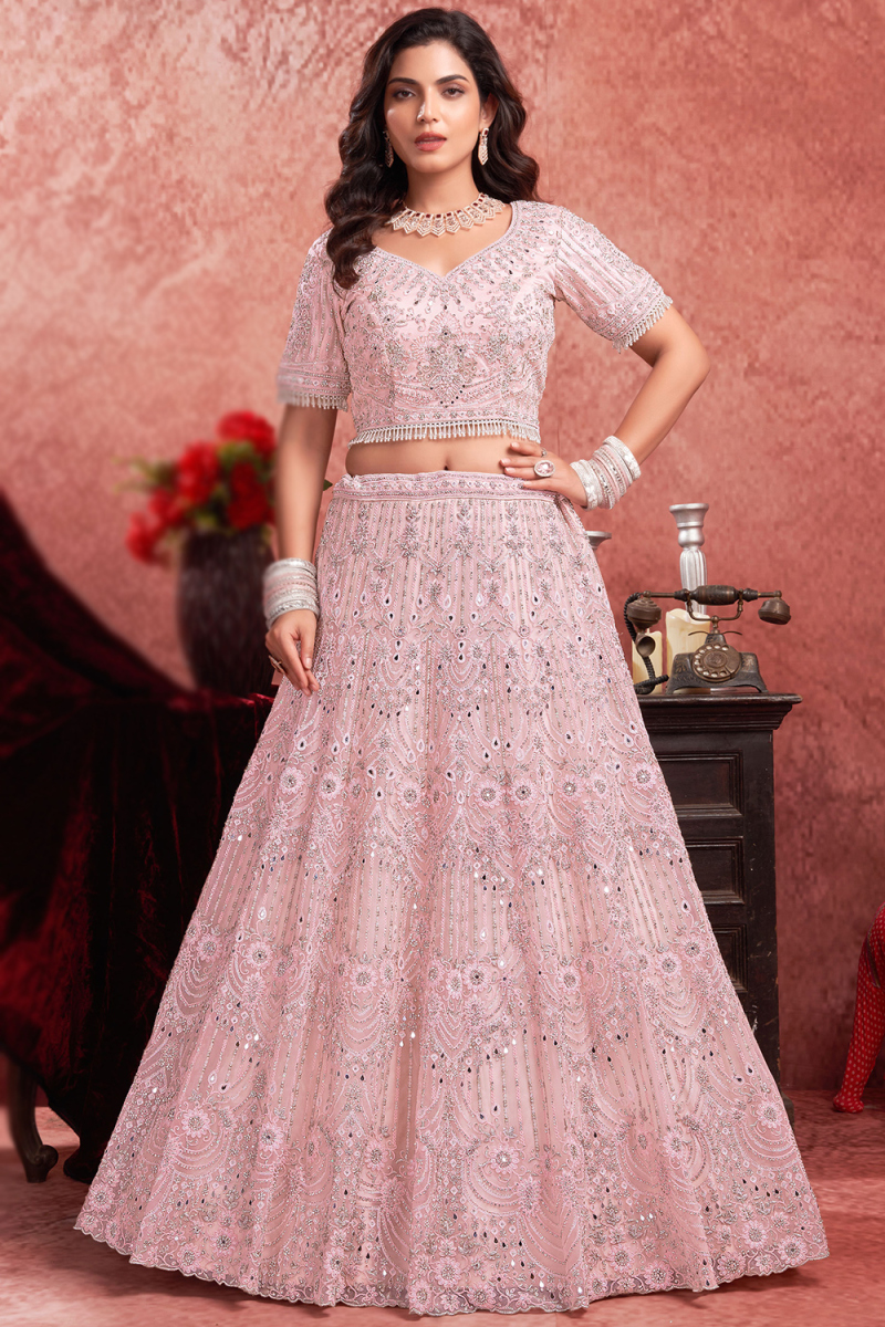 Pastel Pink Net Sequins Embroidered Panelled Lehenga 