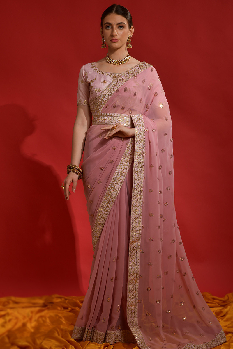 Pastel Pink Sequins Embroidered Georgette Bridesmaid Saree