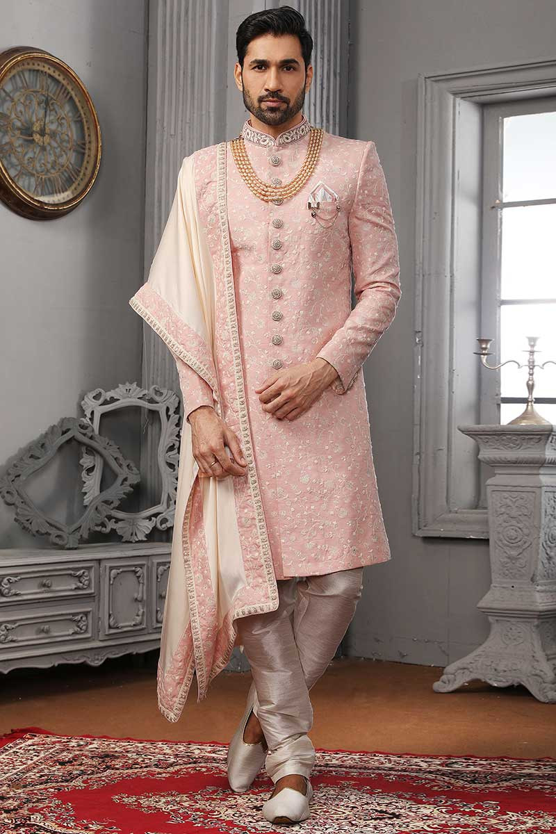 Pastel Pink Silk Embroidered Men s Sherwani