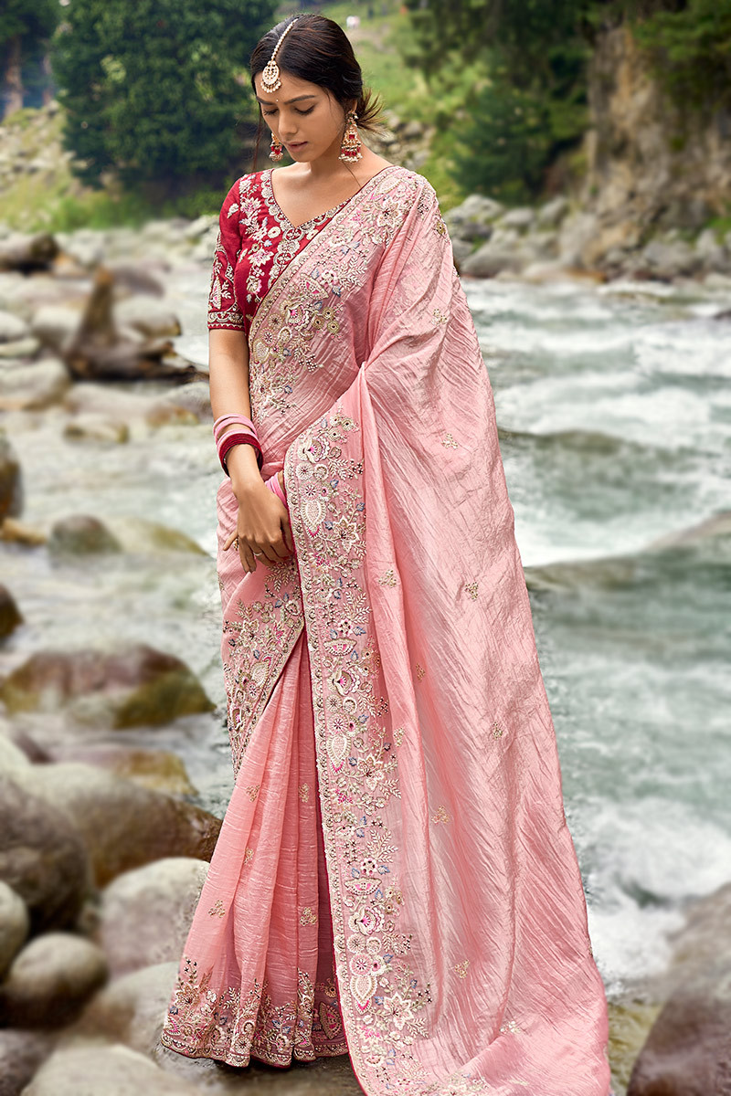 Pastel Pink Silk Embroidered Wedding Wear Saree SARV172121