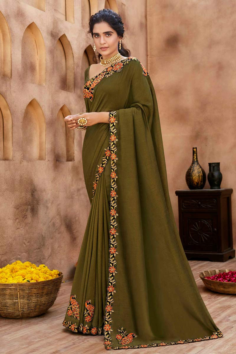 Buy Festival Wear Green Saree for Women, Indian Wedding Saree Designer  Chinon Silk Sari, Latest Saree Function Wear Dress, Mehndi Sangeet Saree  Online in India - Etsy