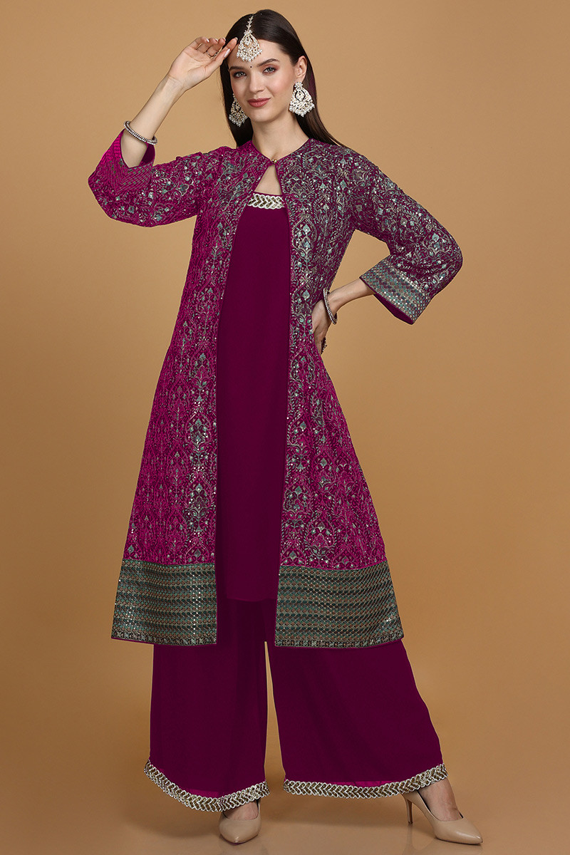 Women Fashion Clothes Trouser Suit in Wine Maroon Embroidered Fabric LSTV122546
