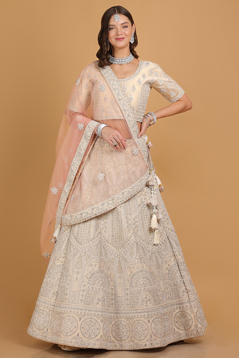 Dupion Silk Dori Embroidered Cream Beige Lehenga for Wedding & Party