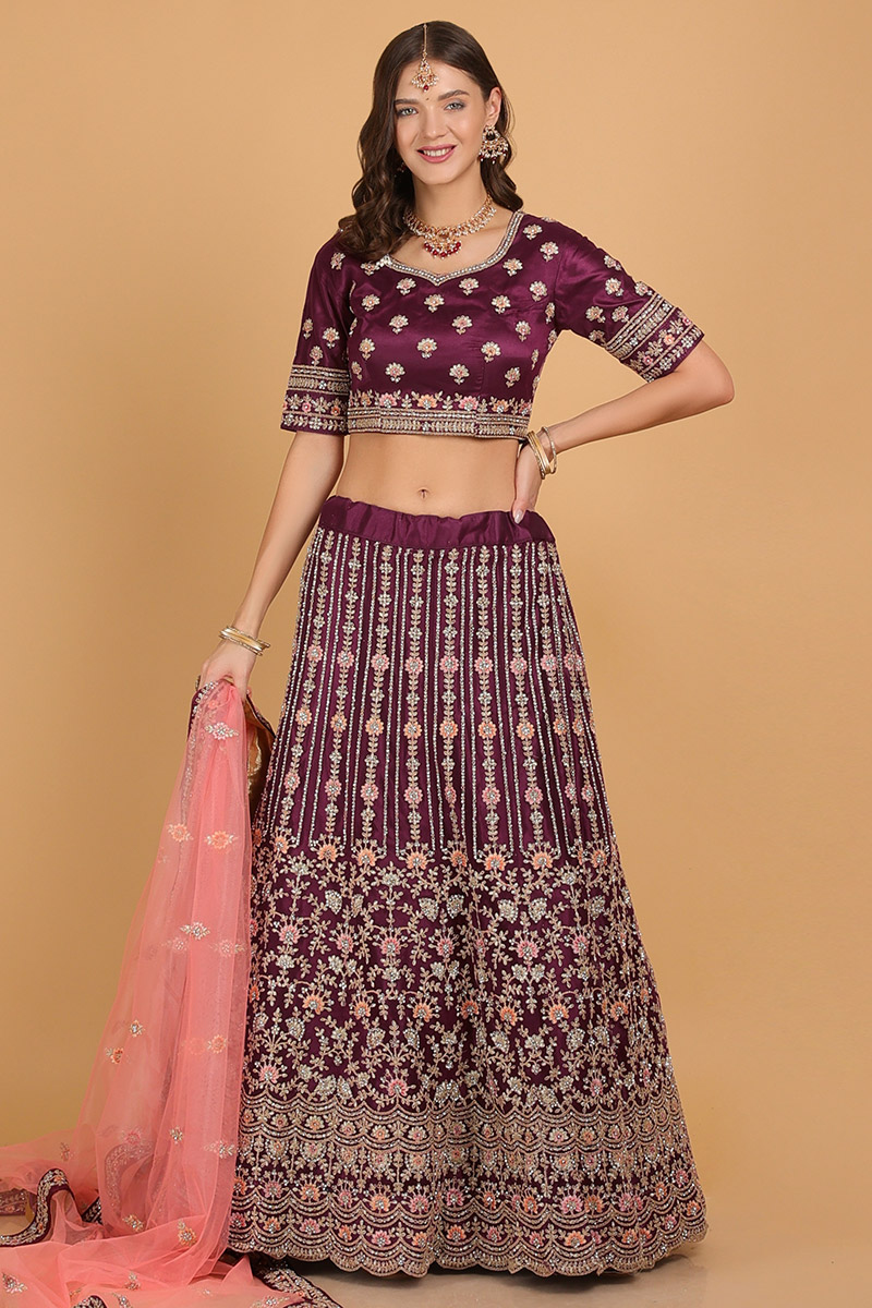 Dark Purple Zari Embroidered Net Panelled Wedding Lehenga