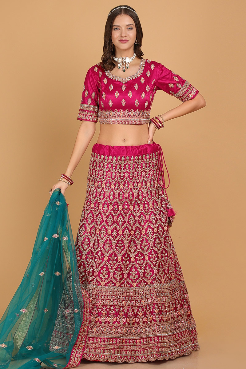 Ruby Pink Zari Embroidered Net Panelled Wedding Lehenga