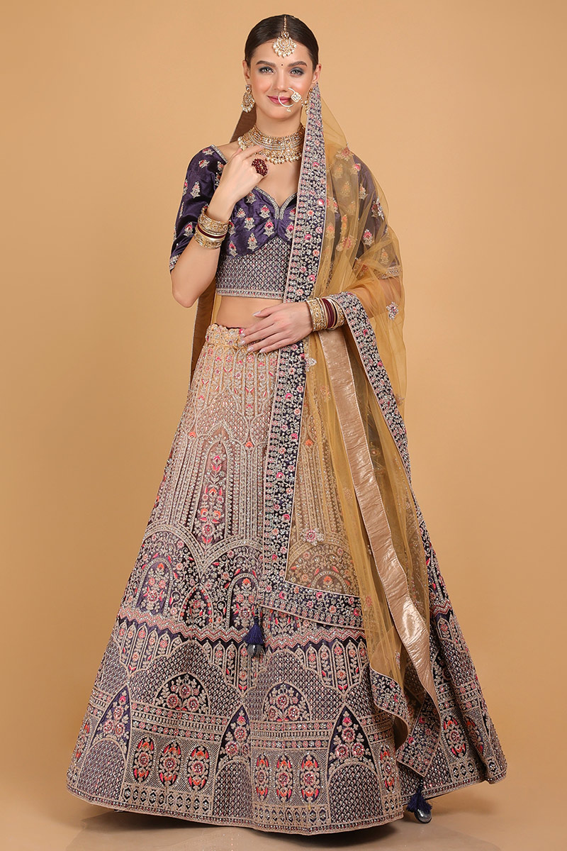 Dusty Purple and Trombone Yellow Velvet Ombre Lehenga for Wedding & Party