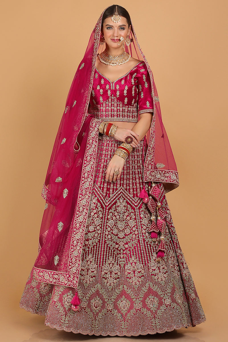 Ruby Pink Velvet Dori Embroidered Wedding Lehenga