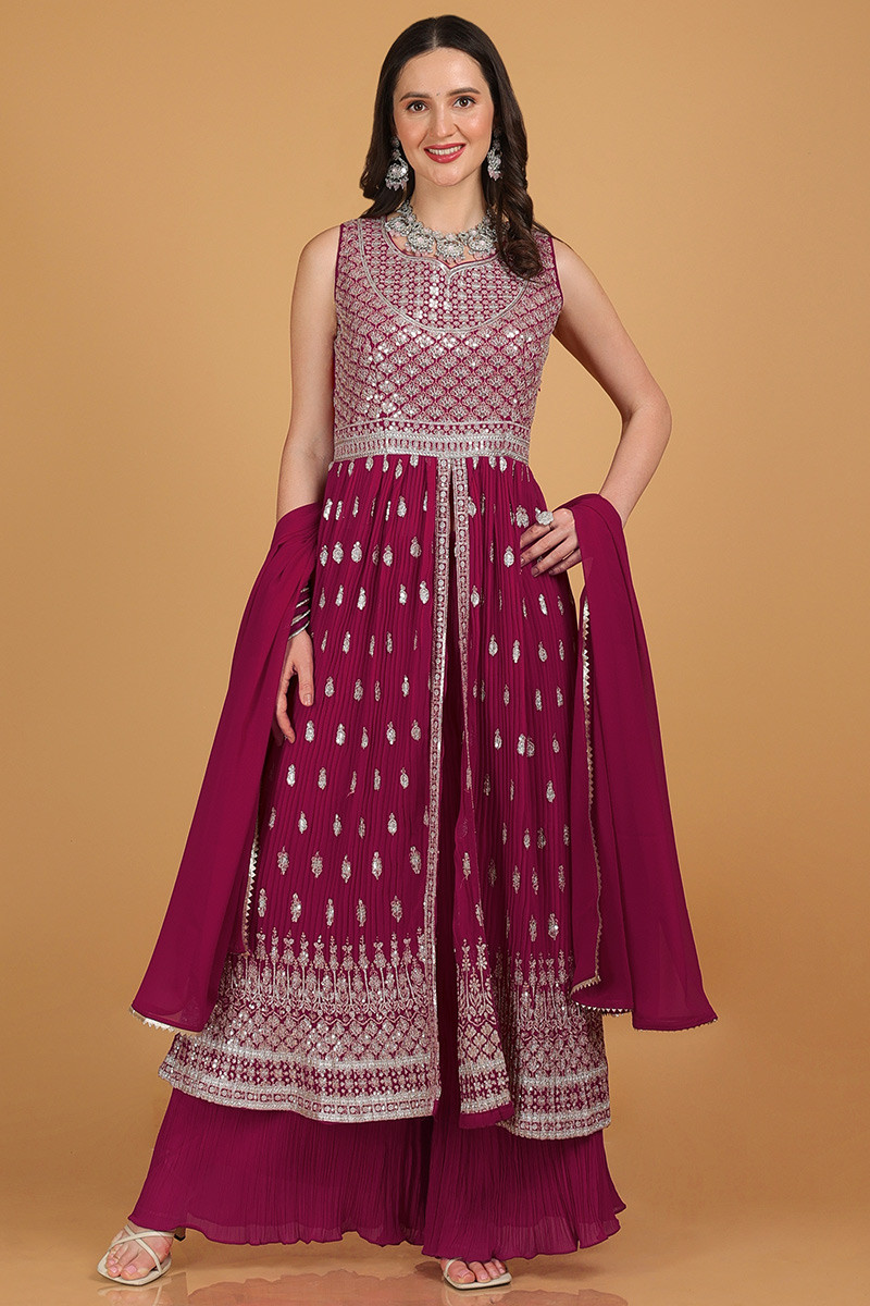 Zari Embroidered Dark Pink Georgette Flared Palazzo Suit