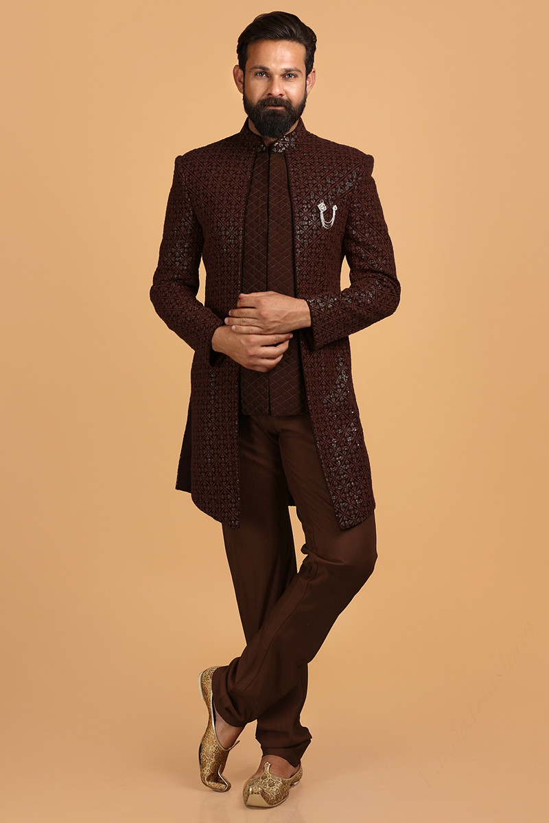 Buy Black Silk Sherwani Suit - Set of 3 | TTB23101/TTK30JAN | The loom