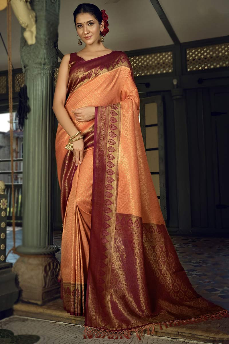 Peach Art Silk Designer Wedding Saree With Woven Zari Work