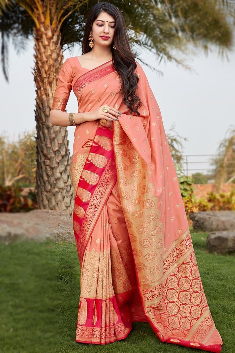 Peach Banarasi Silk Saree With Designer Blouse – STORI