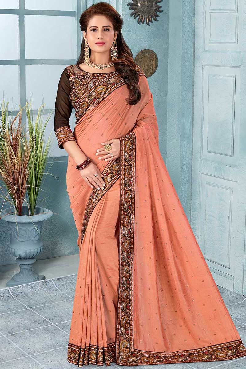 Buy Peach Printed Chiffon Saree With Matching Blouse Piece. Online at Low  Prices in India - Paytmmall.com
