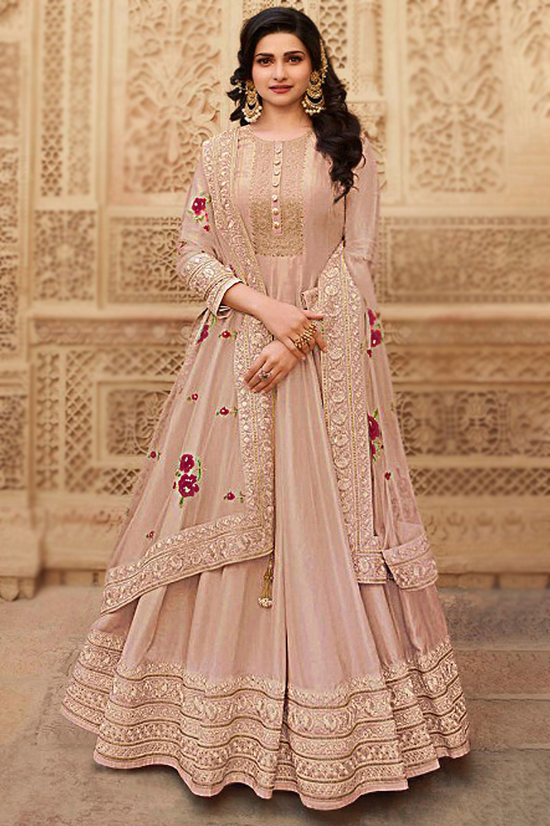 Peach Embroidered Soft Silk Anarkali Suit for Wedding & Party