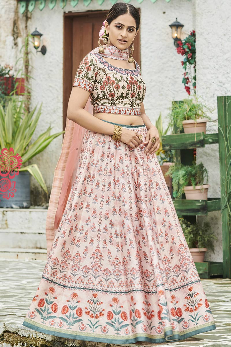 Buy Kinder Kids Peach Lehenga with Short Sleeves Embroidered Top and  Dupatta (Set of 3) online