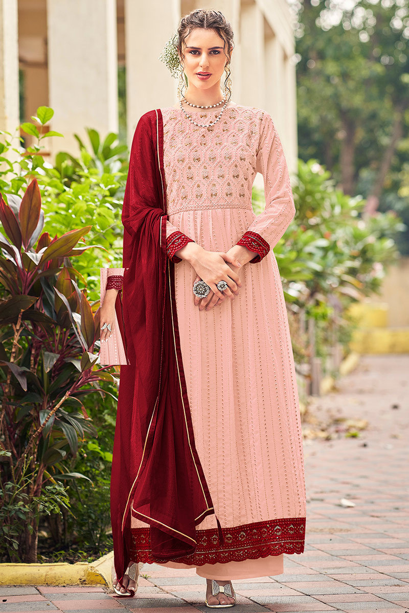 Anarkali Suit in Peach Embroidered Fabric LSTV123032